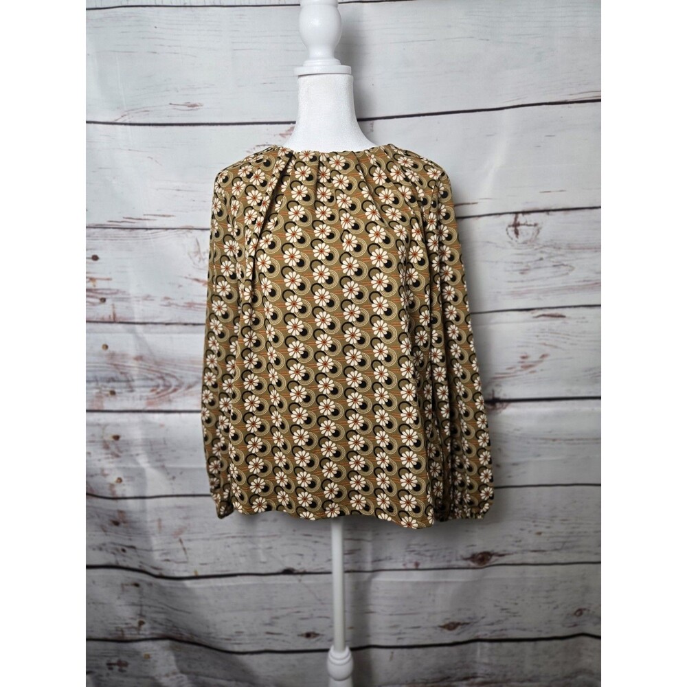 Melloday Womens Blouse Size Small Green Floral Pleated Neck Long Sleeve Retro